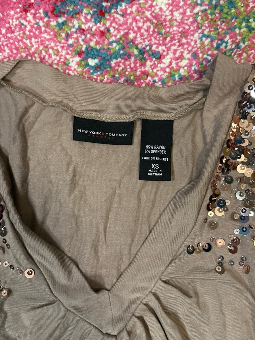 New York & Company Taupe V-Neck Top with Multitone Sequins